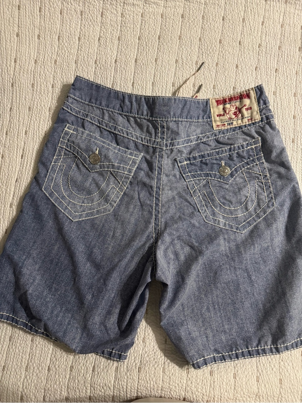 True Religion Swimwear Trunk Tag Detail in Light Blue and Red
